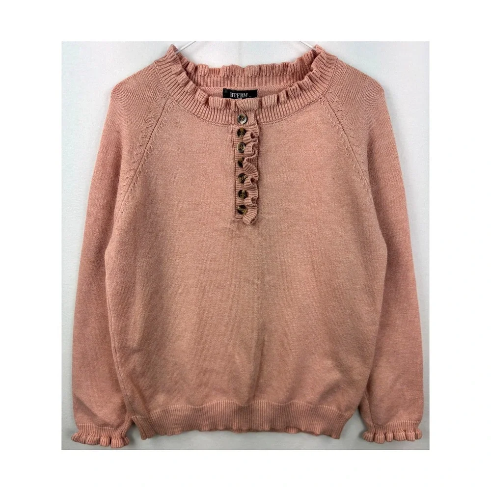 BTFBM Sweater‎ Womens XL Pink Ruffle Henley Coquette Twee Cottagecore Knit